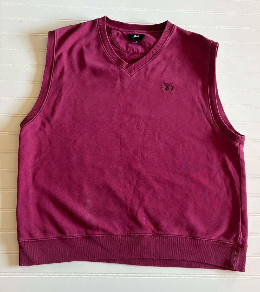Stussy V-Neck Sleeveless Sweatshirt Vest Maroon Size L Skate Streetwear